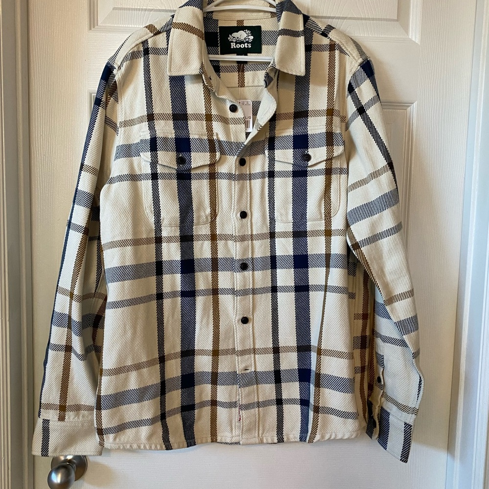Roots Large Cream, Butterscotch and Blue Plaid Shirt